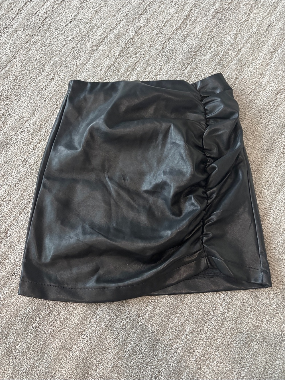 Sleek Black Faux Leather Ruched Mini Skirt